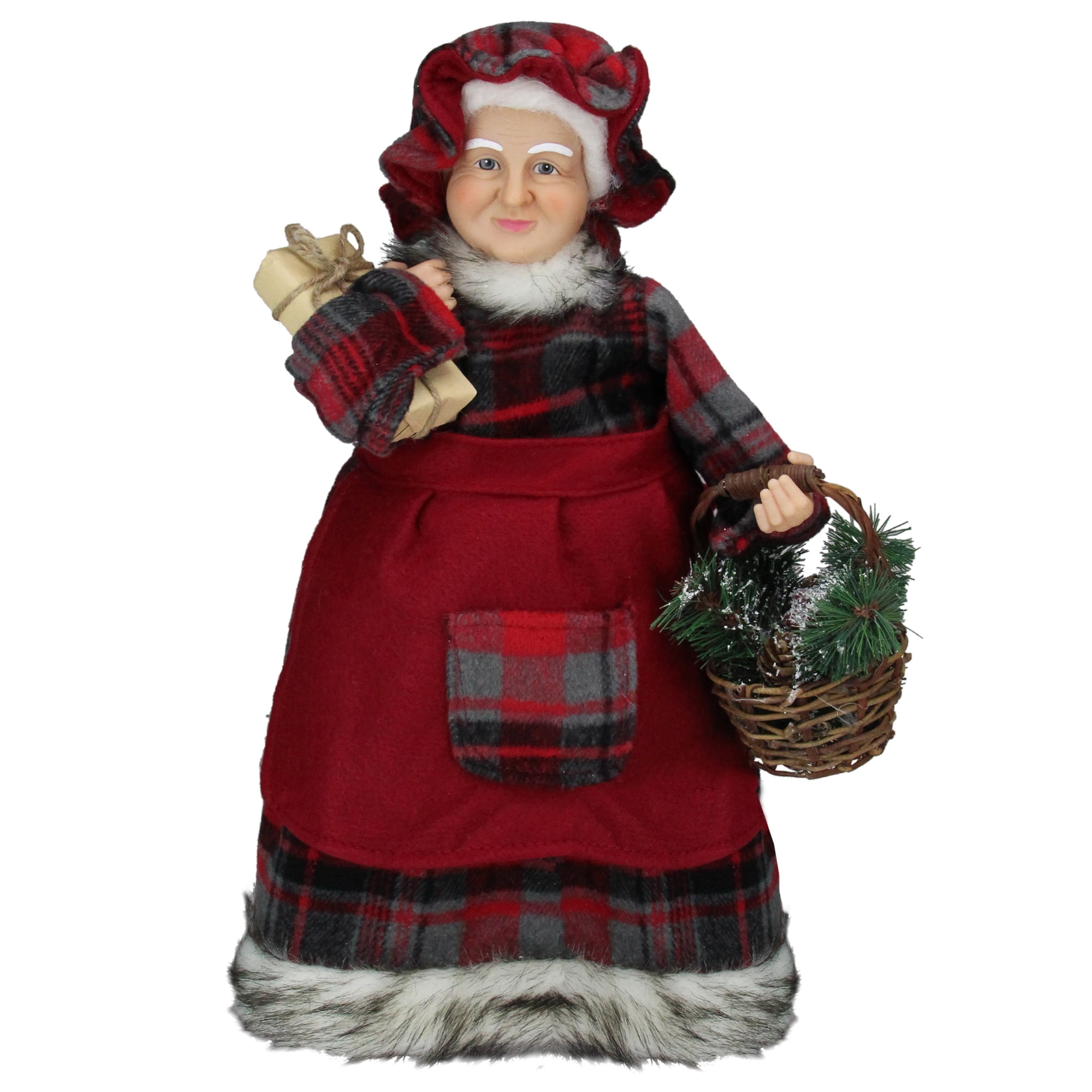 16" Red and Gray Plaid Mrs. Claus Figurine with Basket and Gift