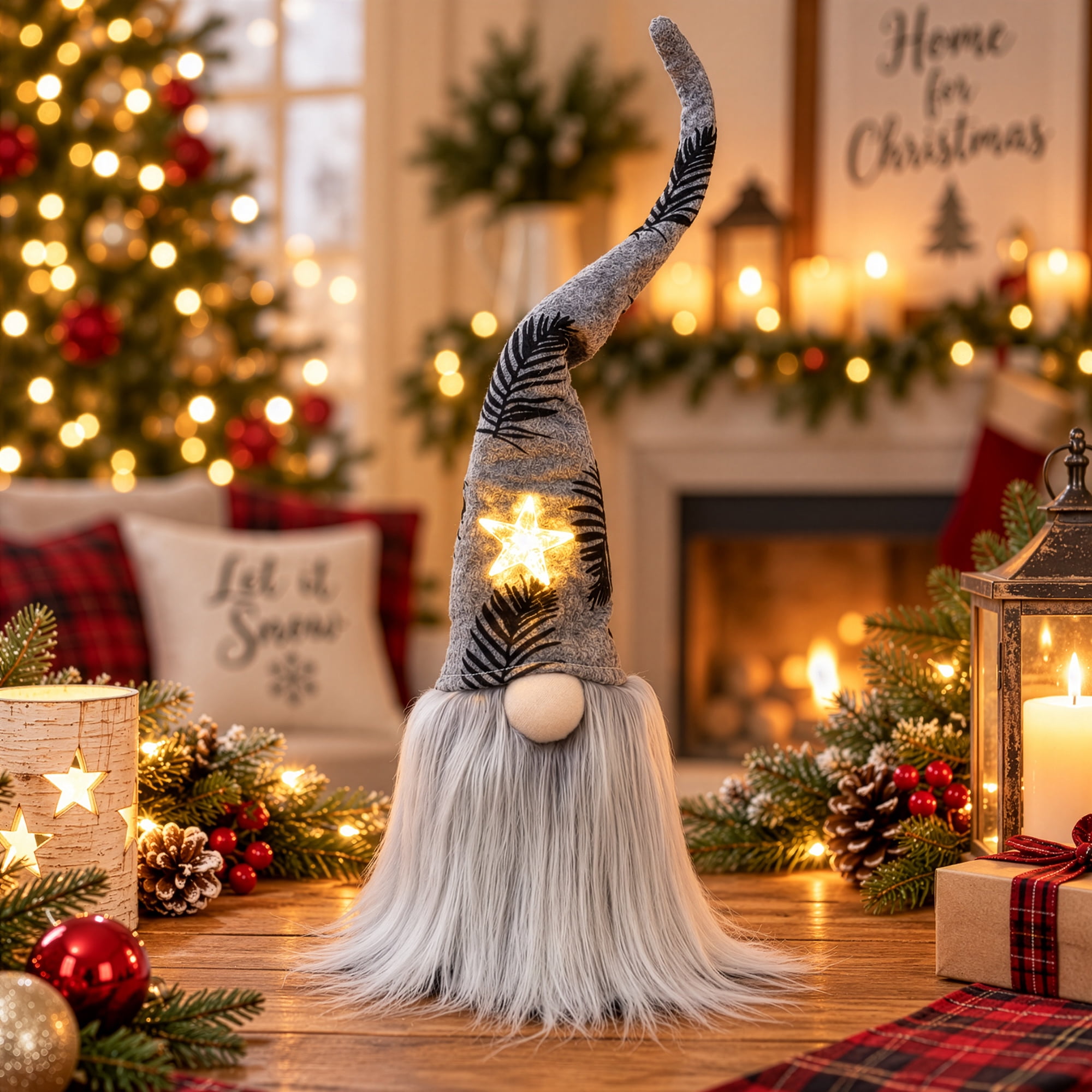 Northlight Lighted Star Gnome with Palm Leaves Hat Christmas Decoration - 16" - Gray and Black