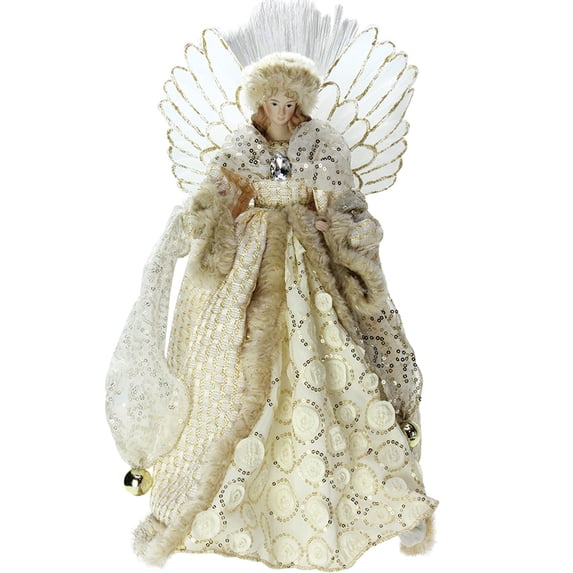 Northlight 16" Ivory and Gold Angel in Sequined Gown Christmas Tree Topper