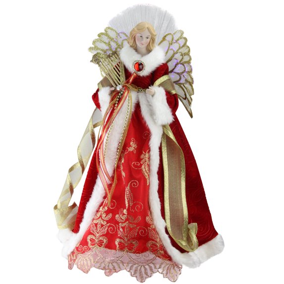 16" Lighted Fiber Optic Angel in Garnet Red Coat with Harp Christmas Tree Topper