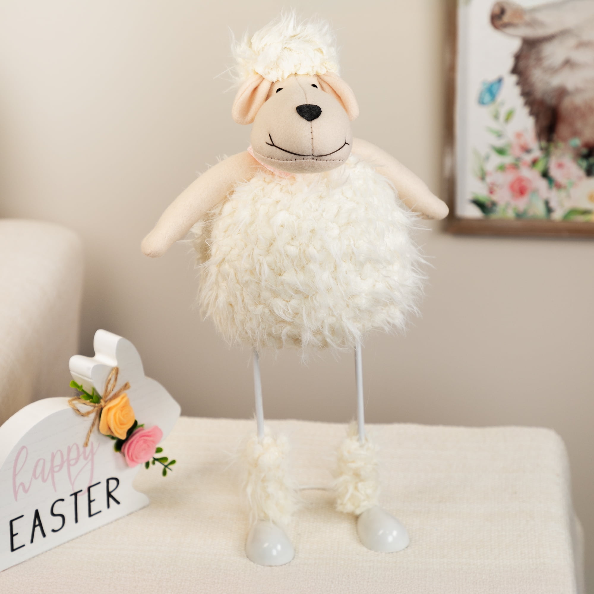Northlight 16" Shaking Faux Fur Sheep with Bandanna Easter Spring Decoration - White/Pink