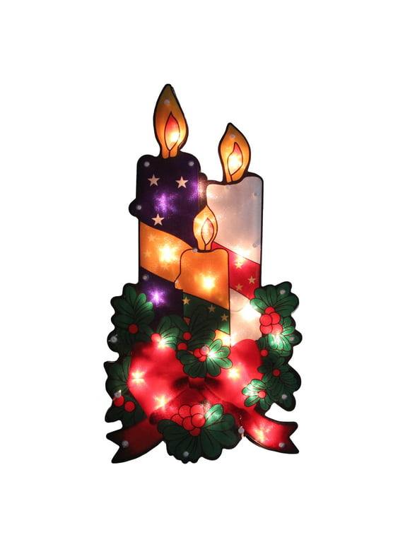 Northlight 17.5" Lighted Holly and Berry with Candles and Bow Christmas Window Silhouette