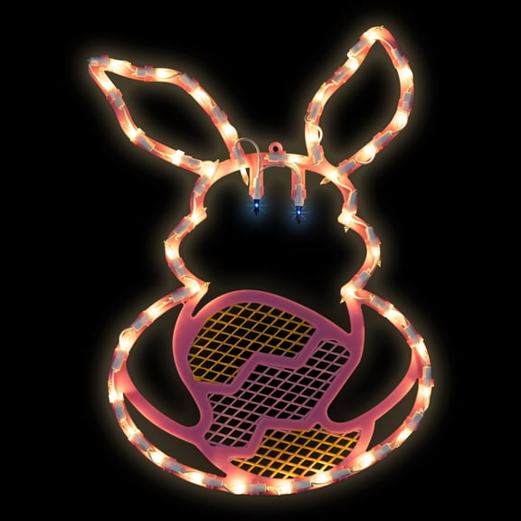 Northlight Lighted Pink Bunny with Easter Egg Window Decoration - 17"