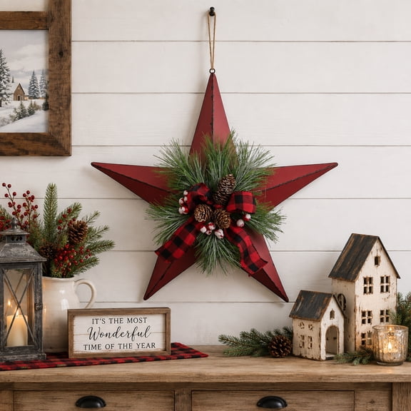 Northlight 17" Red distressed 5 point Christmas Star With Plaid Ribbon with Artificial Pine