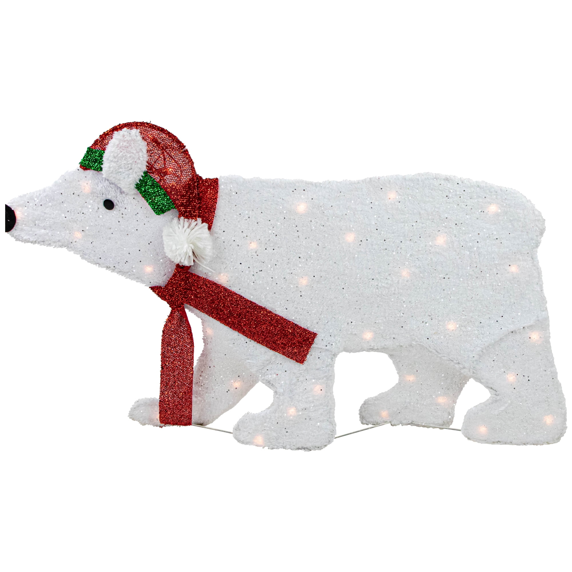 Lighted 2D Glittered Polar Bear with Santa Hat and Scarf