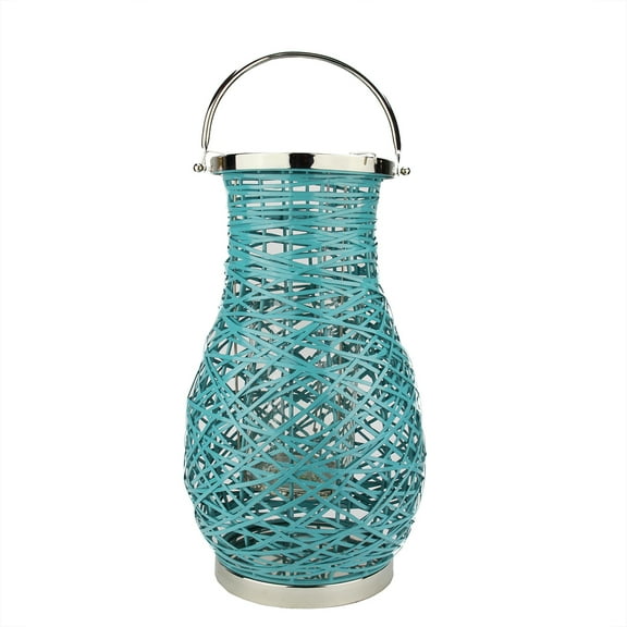 Northlight Woven Iron Pillar Candle Lantern with Glass Hurricane - 18.5" - Turquoise Blue