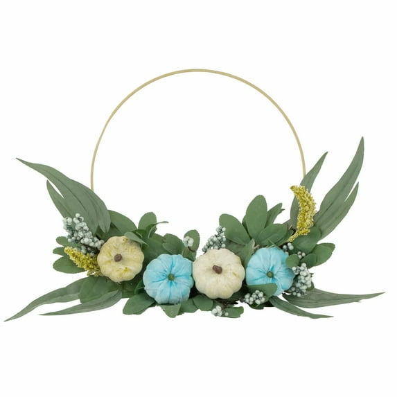 Northlight 18"" Blue Pumpkins and Foliage Artificial Thanksgiving Half Wreath