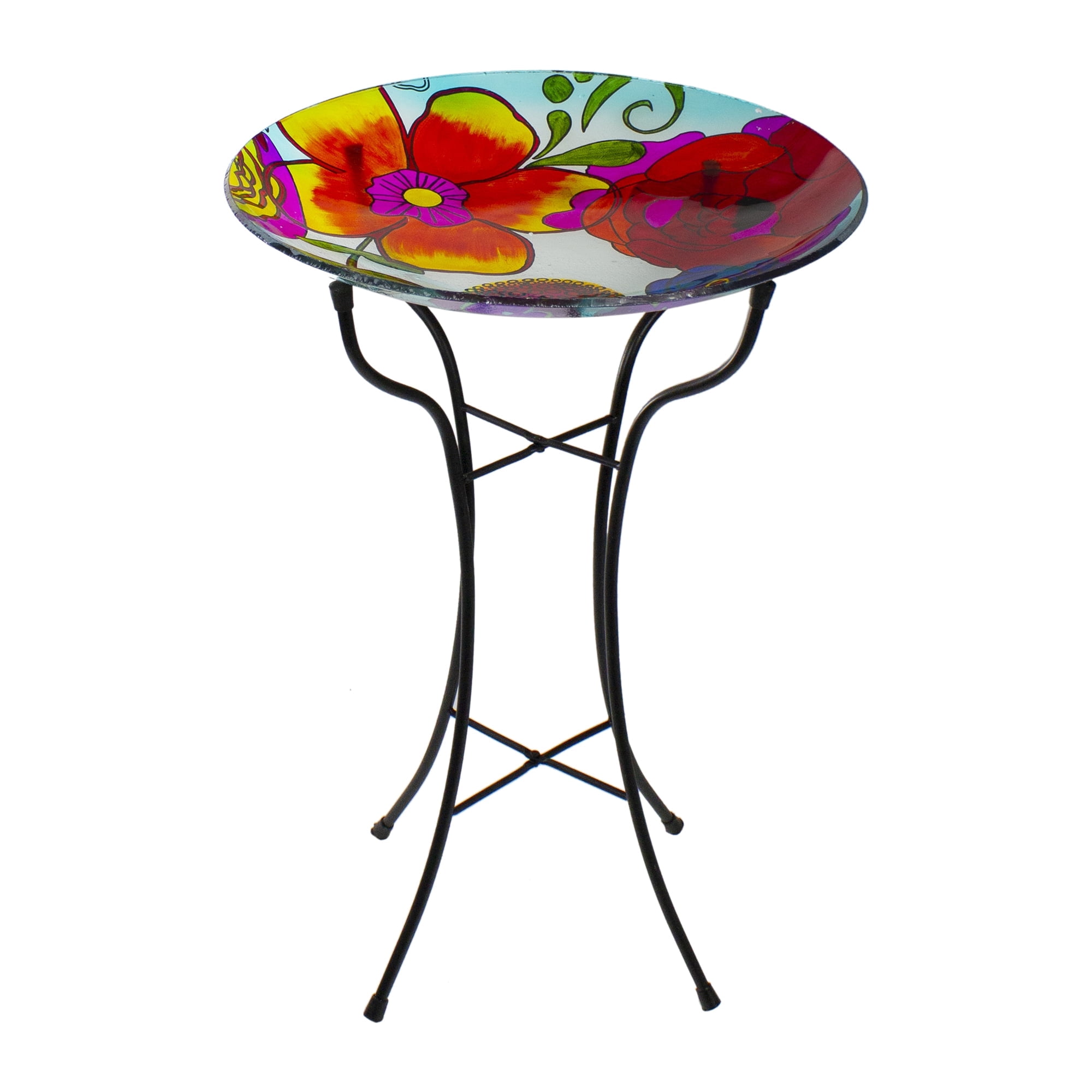 Northlight Portable Freestanding Glass Bird Bath Basin with Black Collapsible Metal Stand, Floral and Garden Style