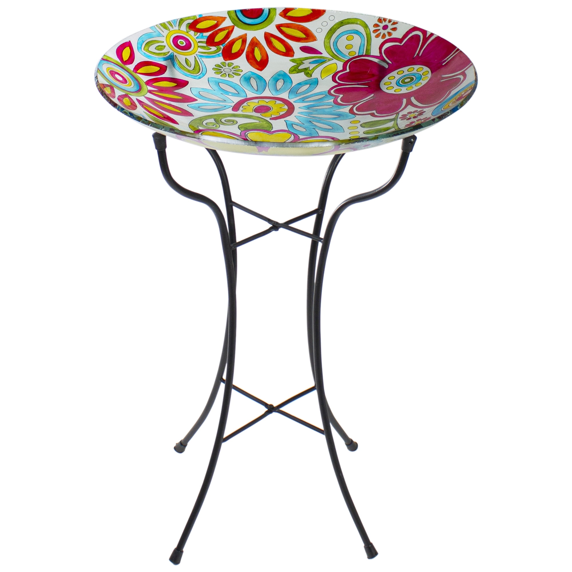 Northlight 18" Pastel Pink and Blue Flowers Hand Painted Glass Outdoor Patio Bird Bath