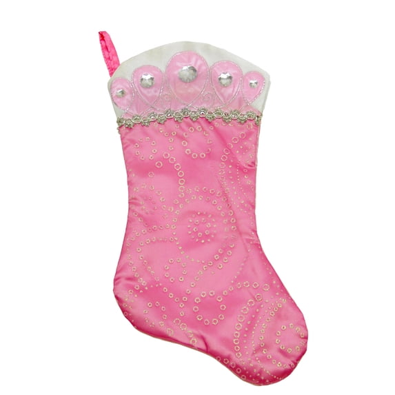 Northlight 18" Pink Iridescent Glittered Christmas Stocking with Jeweled Tiara Cuff