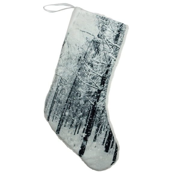 Northlight 18" White and Black Serene Woodland During Snowfall Christmas Stocking