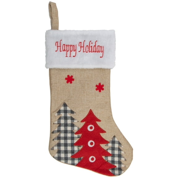 Northlight 19" Beige and Red Burlap "Happy Holidays" Forest Trees Christmas Stocking