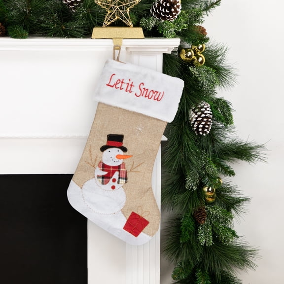 Northlight 19" Beige and Red Burlap "Let It Snow" Snowman Christmas Stocking