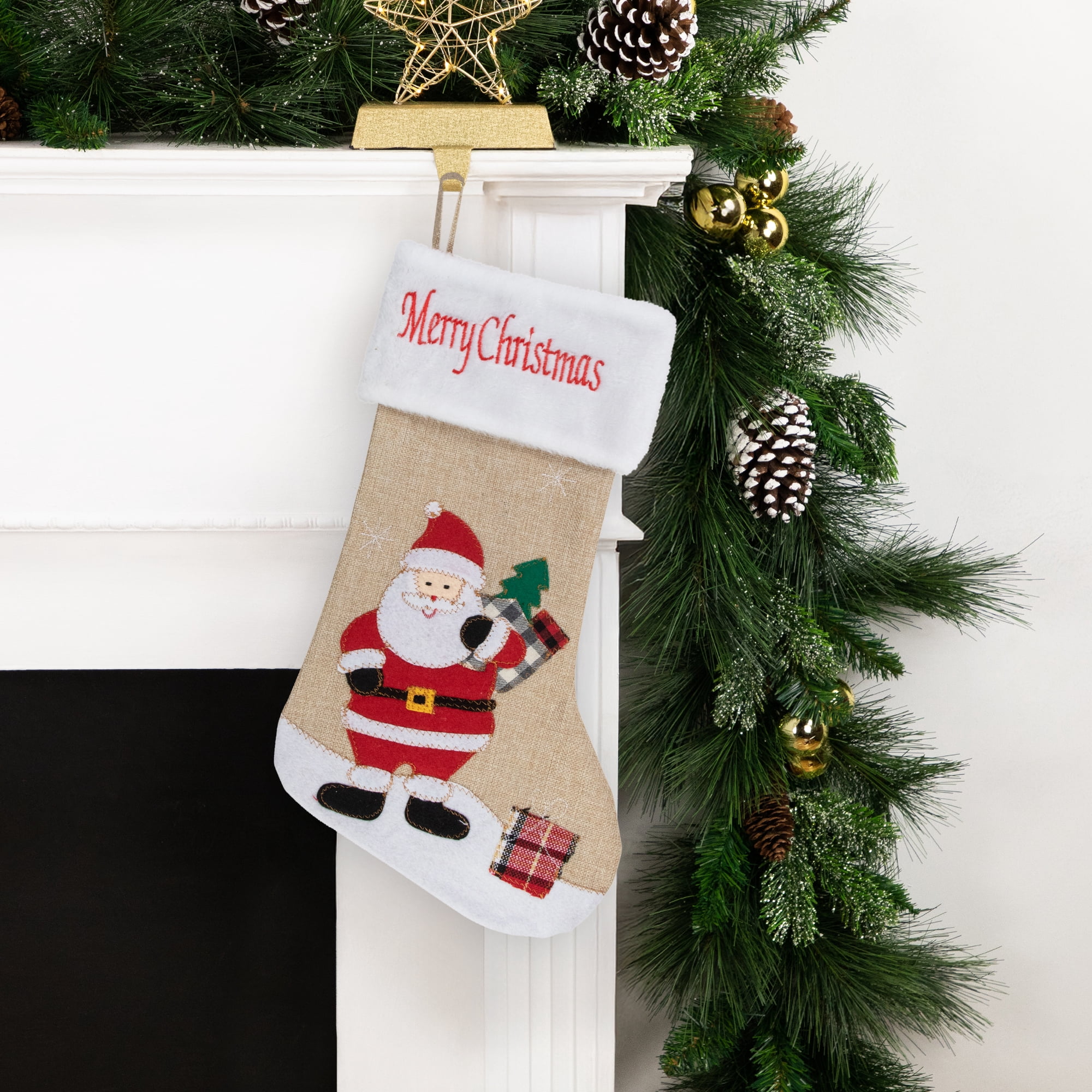 Northlight 19" Beige and Red Burlap "Merry Christmas" Santa Christmas Stocking