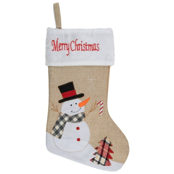 Northlight 19" Beige and Red Burlap "Merry Christmas" Snowman Christmas Stocking