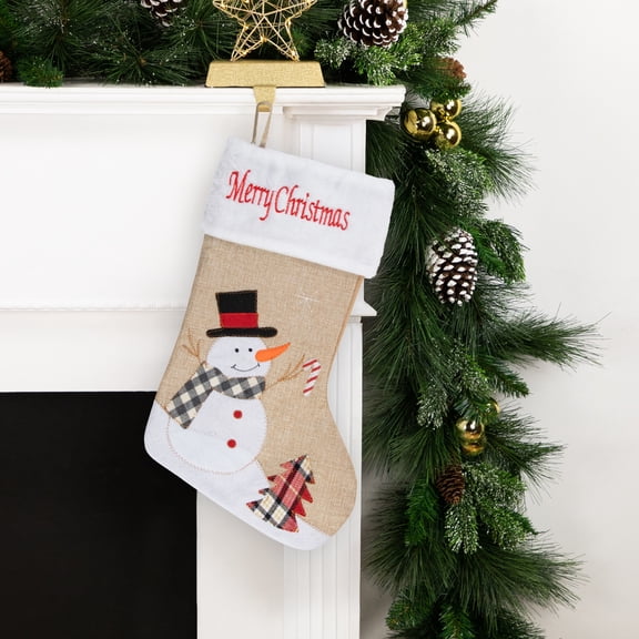 Northlight 19" Beige and Red Burlap "Merry Christmas" Snowman Christmas Stocking