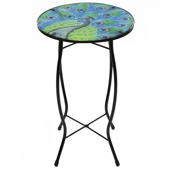 Northlight 19" Blue and Green Peacock Glass Patio Side Table
