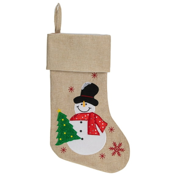 Northlight 19" Burlap Standing Snowman With a Tree and Snowflakes Christmas Stocking