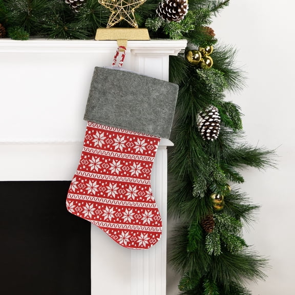 19" Festive Red, White and Grey Poinsettia Style Snowflake Motif Sweater Knit Christmas Stocking