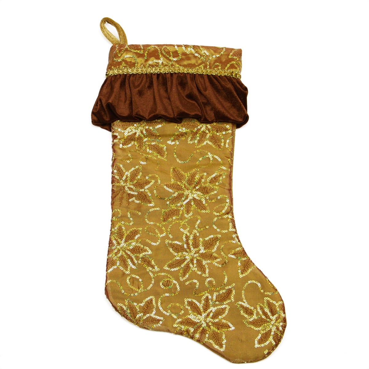 19" Gold and Brown Sequined Floral Christmas Stocking