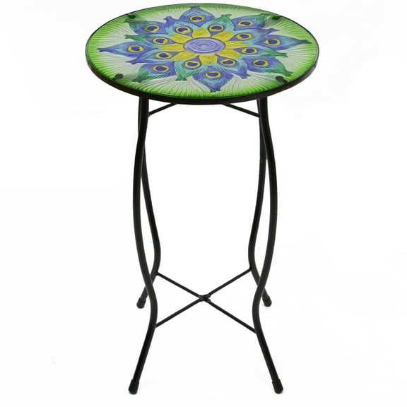 Northlight 19" Green and Blue Peacock Flower Tail Glass Patio Side Table