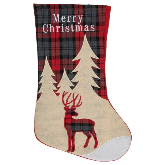 Northlight 19" Green and Red Plaid Reindeer With Forest Trees Christmas Stocking