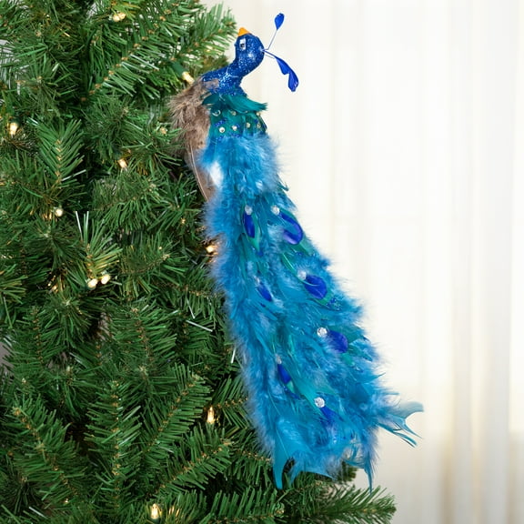 Northlight Standing Glittered Peacock with Faux Gems Christmas Decoration - 16" - Green and Blue