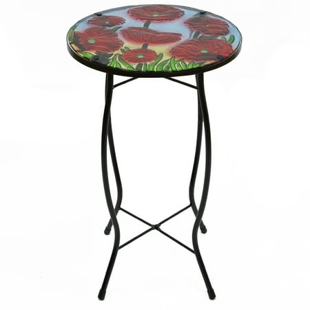 Northlight 19" Red Floral Poppies Glass Patio Side Table