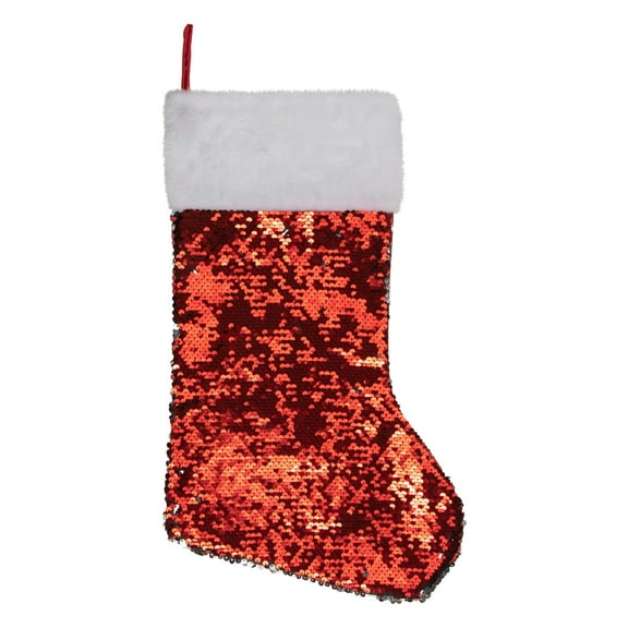 Northlight 19" Red and Silver Sequin Christmas Stocking With White Faux Fur Cuff