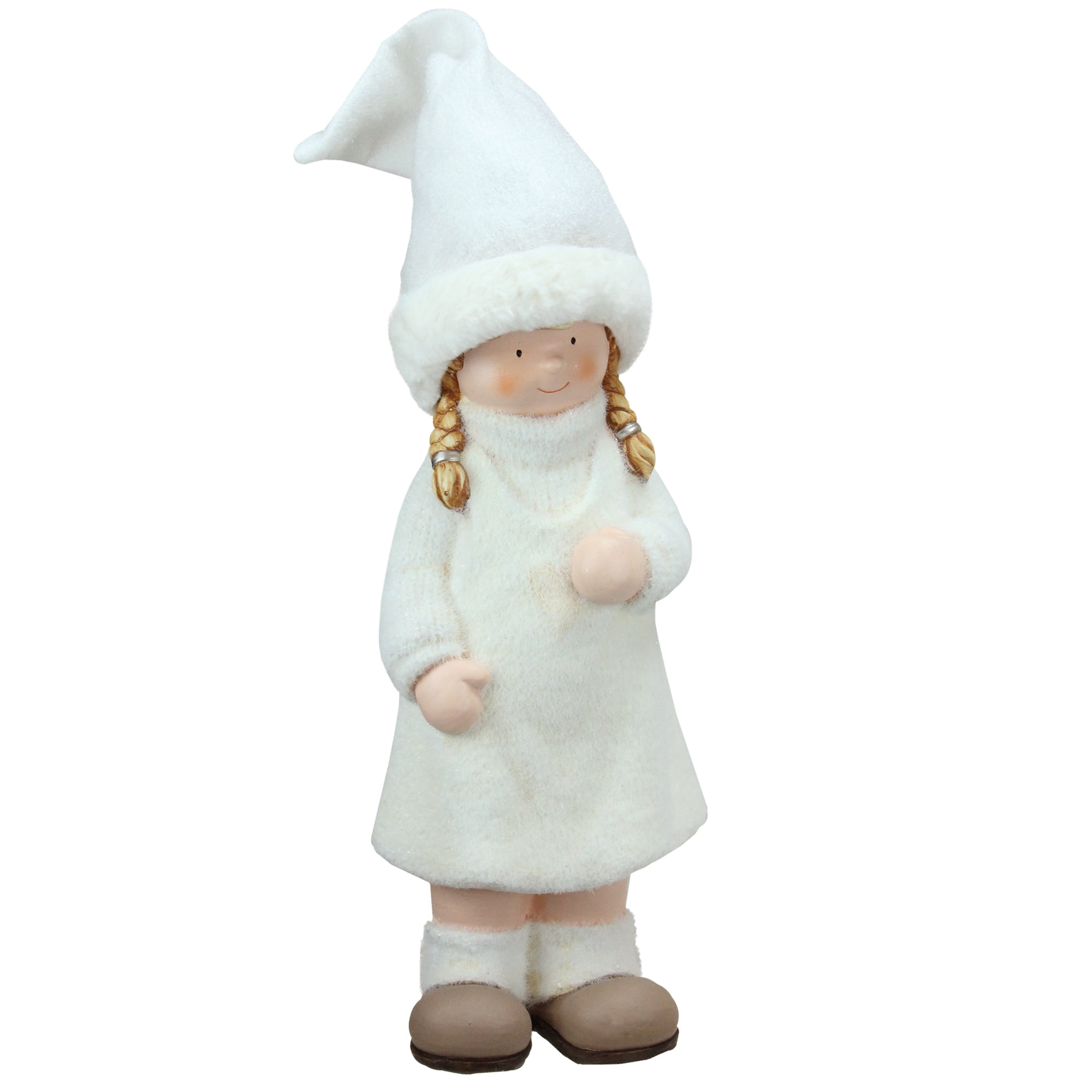 19" White and Beige Winter Girl with Tall Hat Figurine