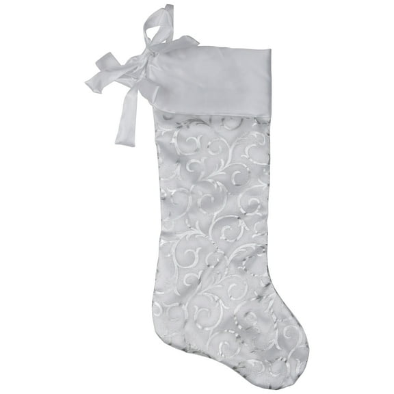 Northlight 19 White and Silver Filigree Christmas Stocking with Bows