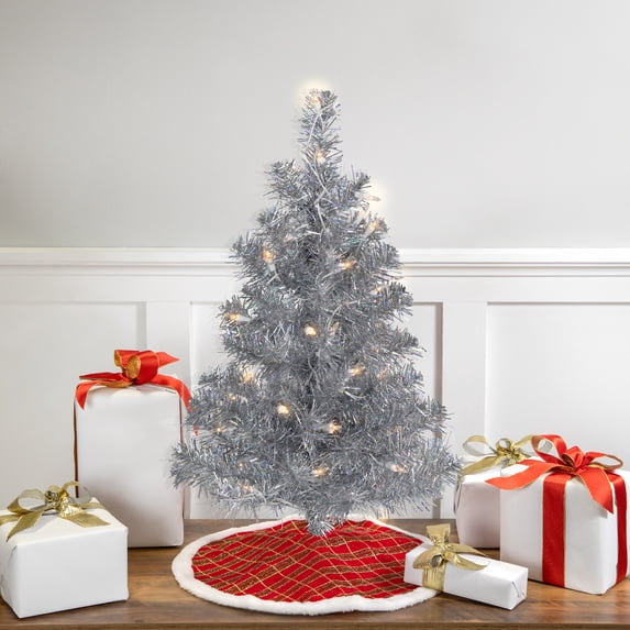Northlight 2' Pre-lit Medium Silver Iridescent Tinsel Pine Artificial Christmas Tree, Clear Lights
