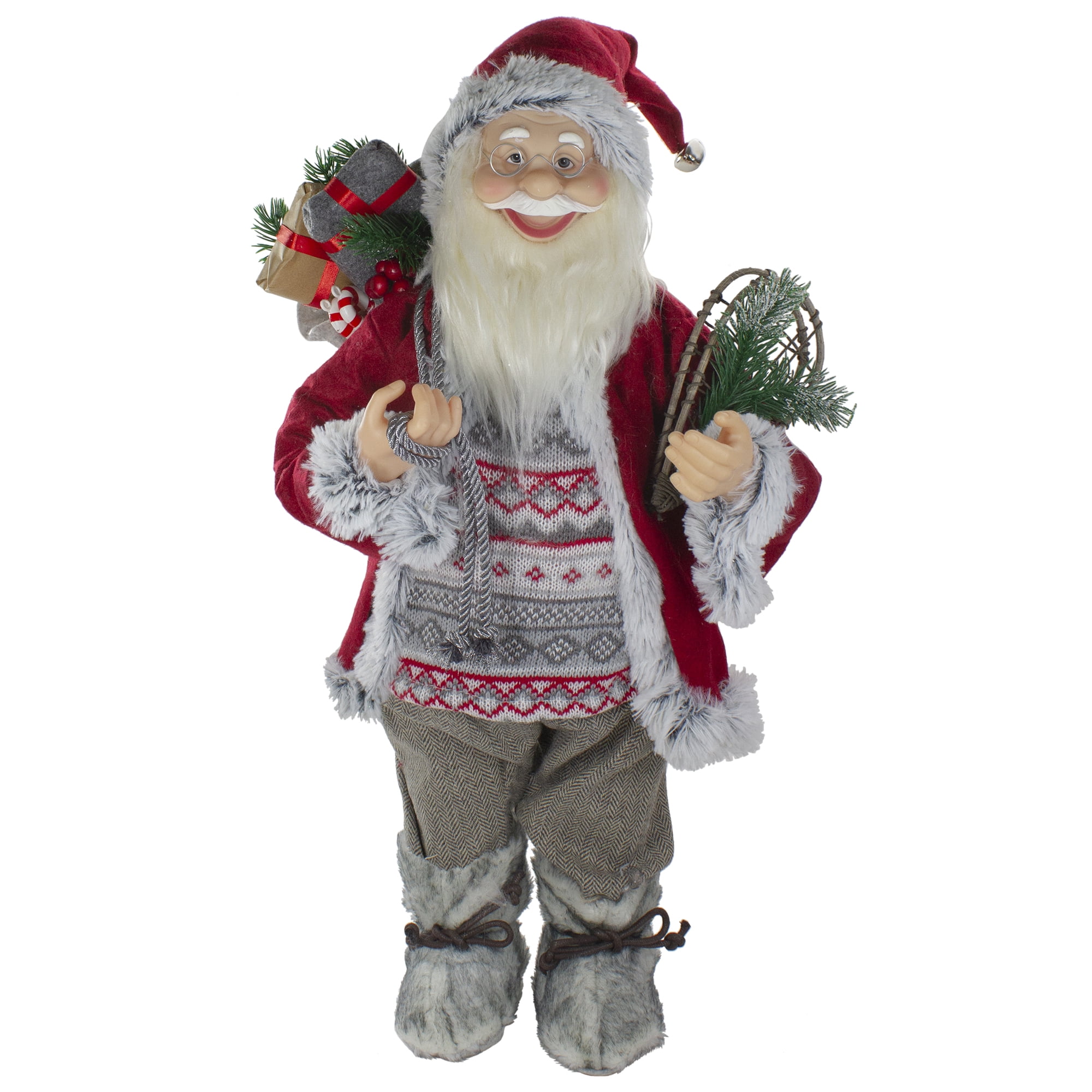 24" Red and Gray Santa Figurine with Snow Shoes and Presents