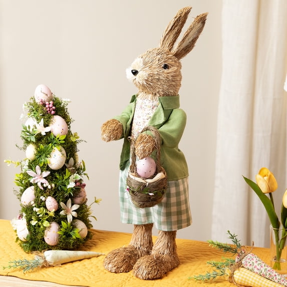 Northlight Standing Sisal Spring Rabbit Figure with Egg Basket Easter Decoration - 20.25"