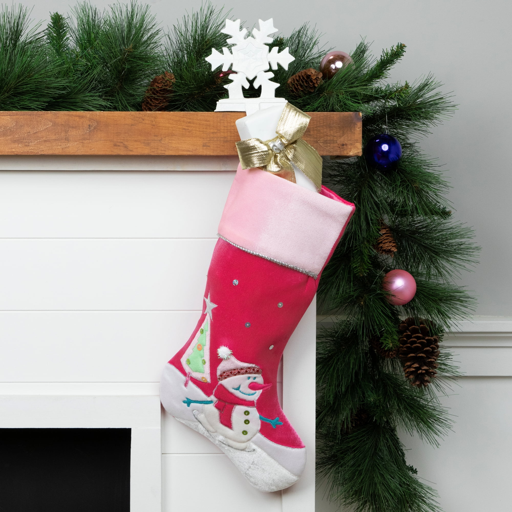 20.5" Pink Embroidered Snowman and Christmas Tree Stocking
