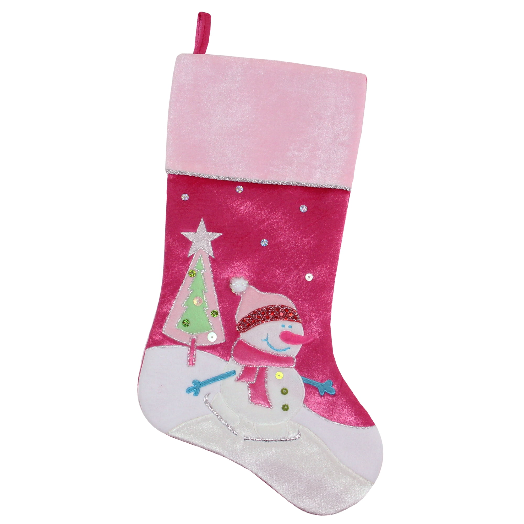 20.5" Pink Embroidered Snowman and Christmas Tree Stocking