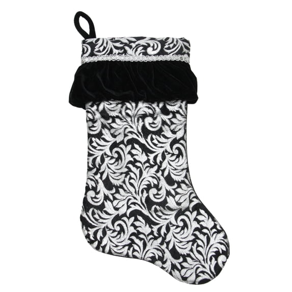 Northlight 20" Black and Silver Floral with Ruffle Cuff Christmas Stocking