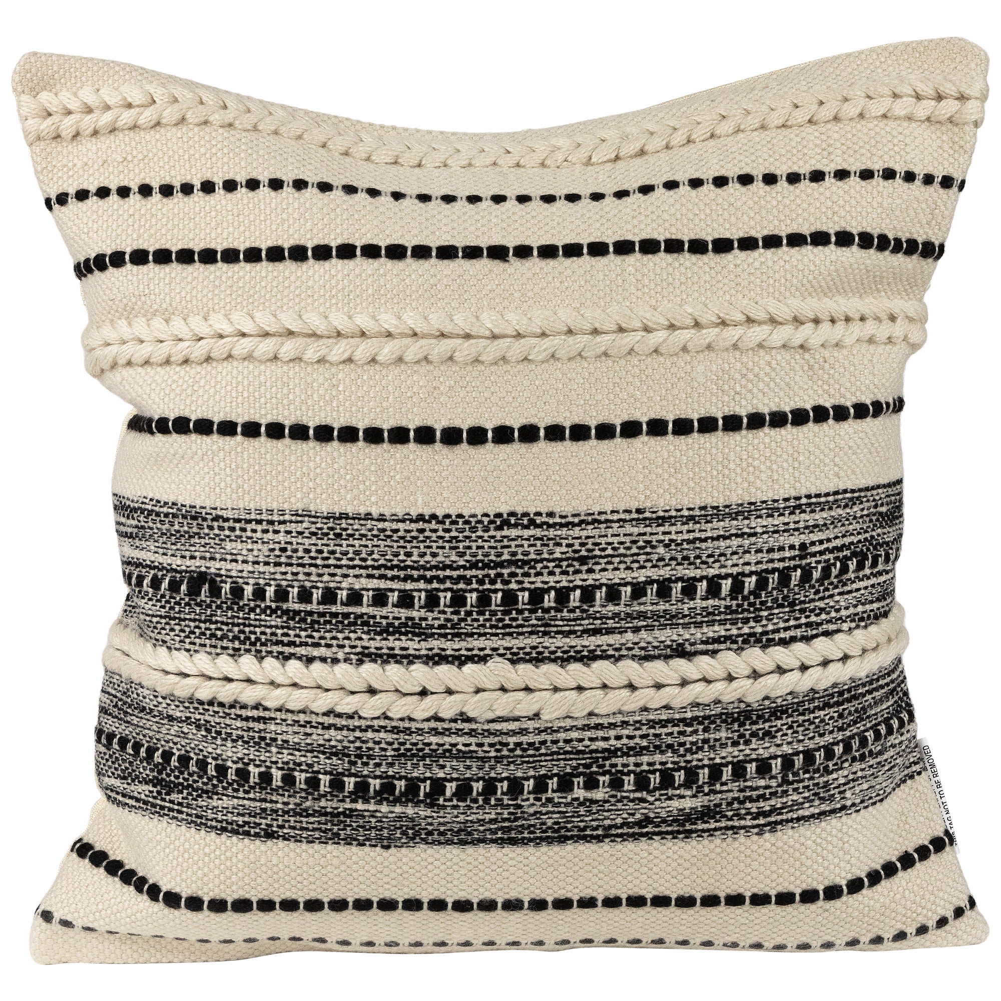 20" Cream and Black Handloom Woven Outdoor Square Throw Pillow