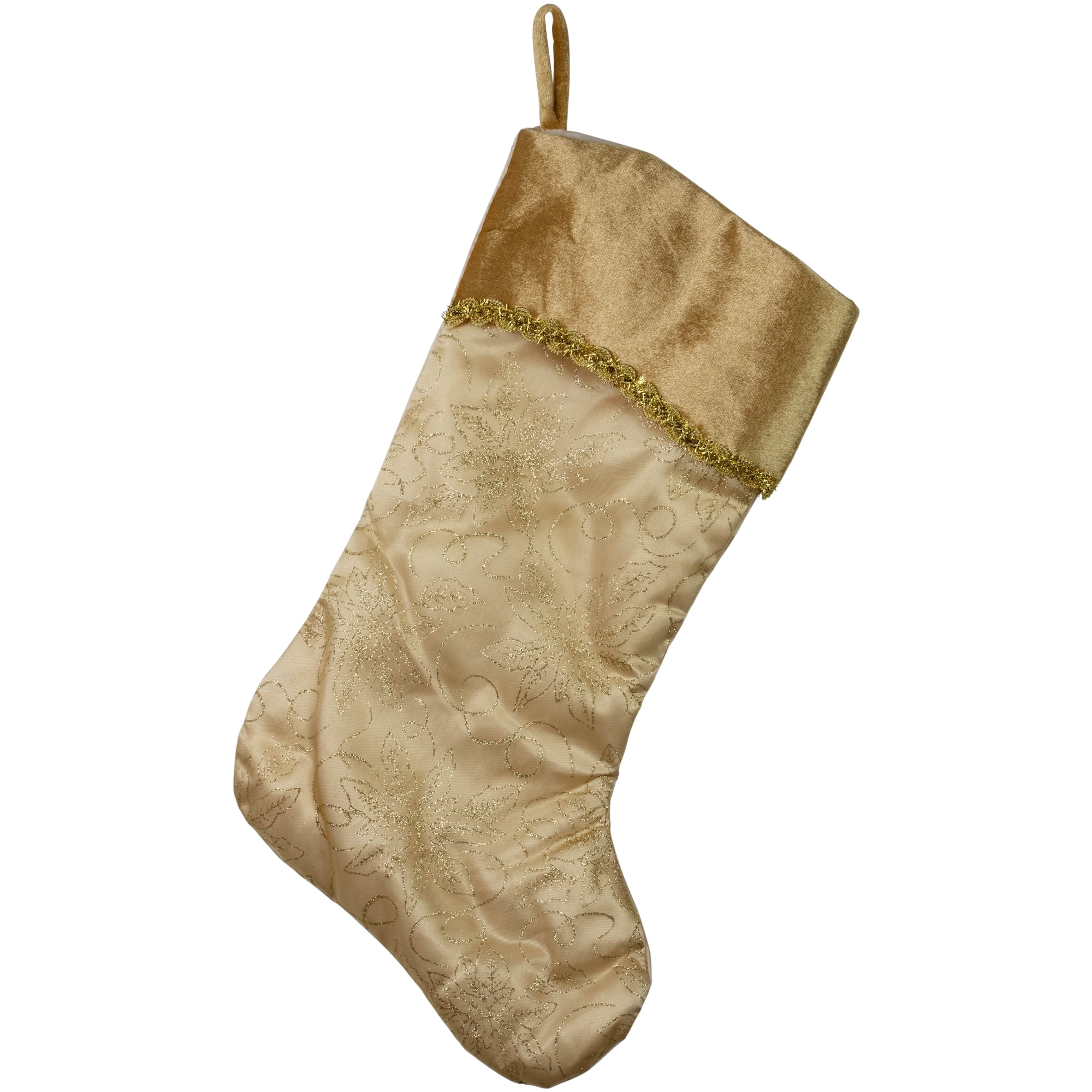 Gold Glittered Poinsettia Christmas Stocking with Velveteen Cuff