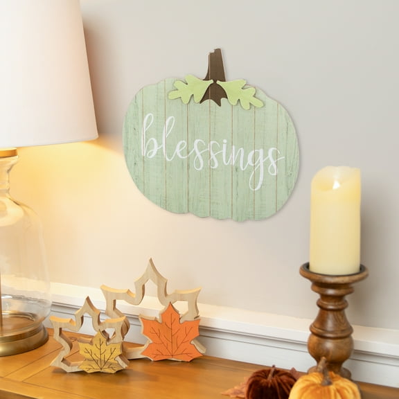 Northlight 20" Green and Brown Blessings Pumpkin Wooden Thanksgiving Hanging Wall Sign
