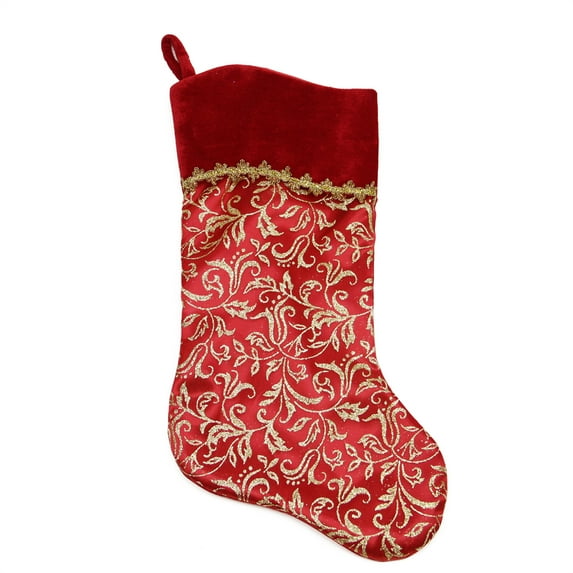 Northlight 20" Red and Gold Glittered Leaf Flourish Christmas Stocking with Shadow Velveteen Cuff