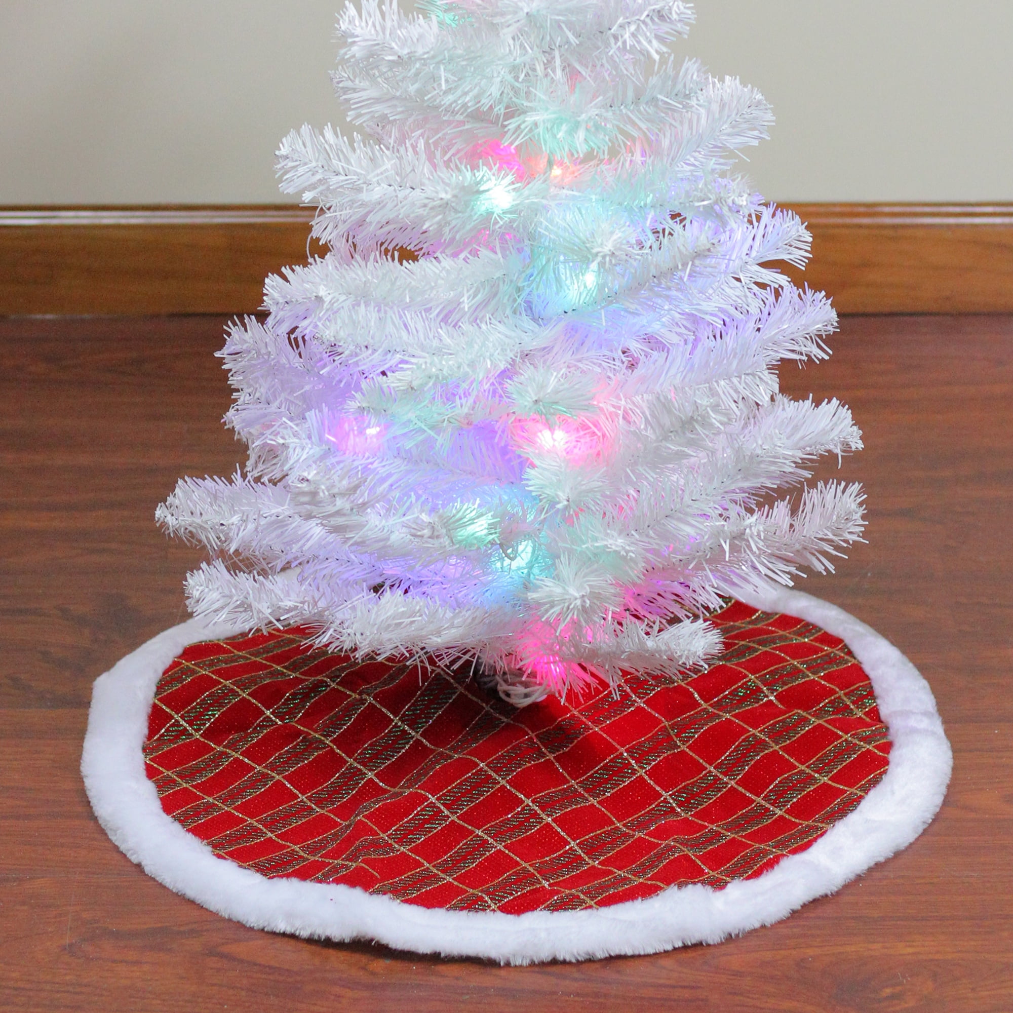 20" Red and Gold Plaid Glittered Mini Christmas Tree Skirt with Faux Fur Border