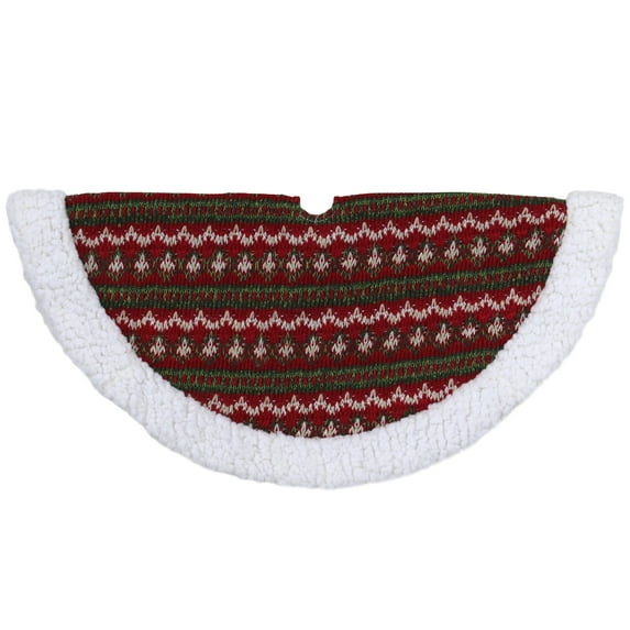 Northlight 20" Red and Green Lodge Knitted Mini Christmas Tree Skirt with High Pile Fleece Trim