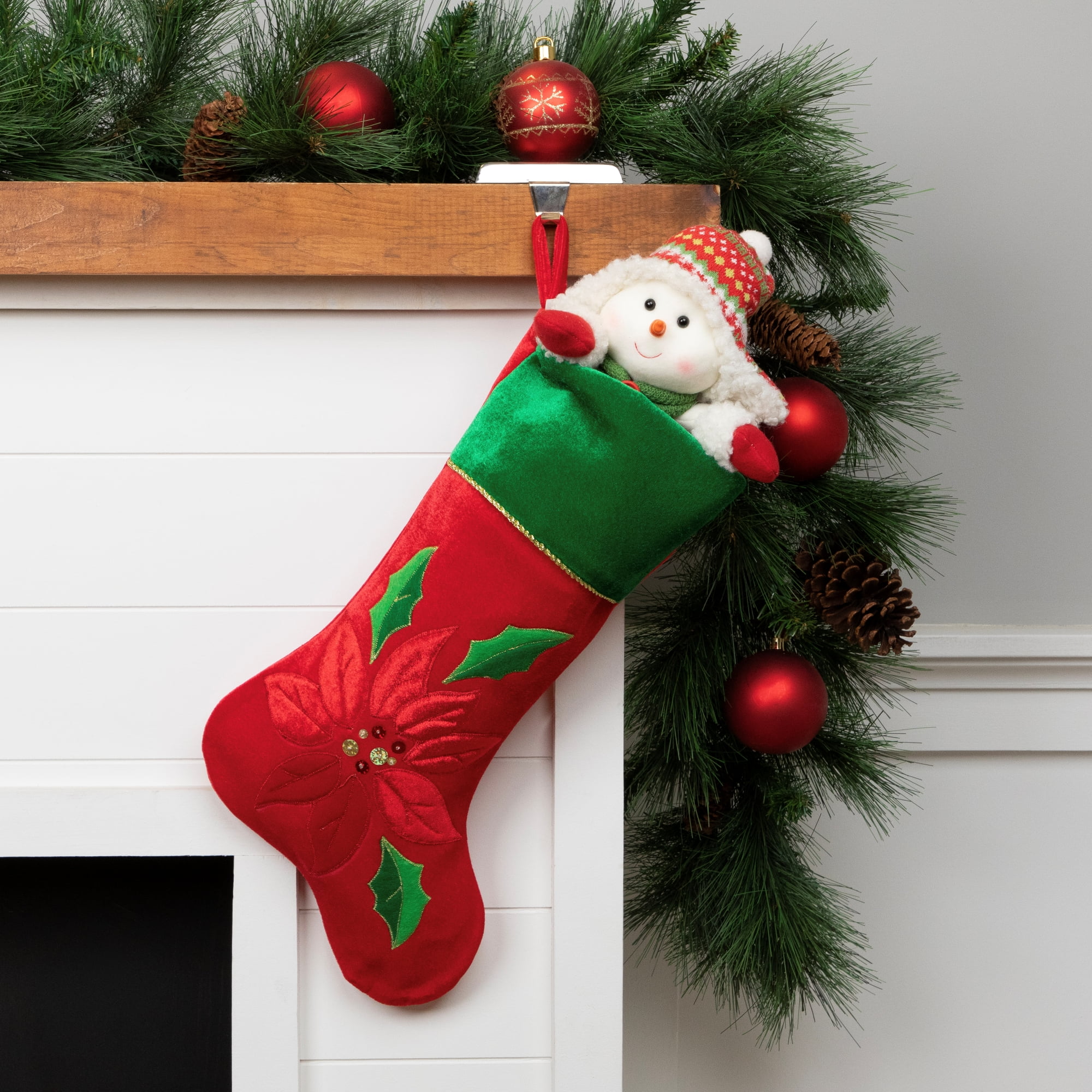 20" Red and Green Velveteen Sequined Poinsettia Christmas Stocking