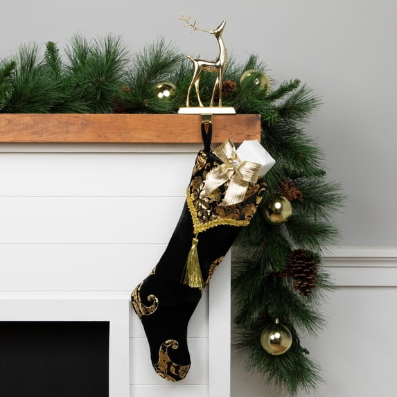 Northlight 21.5" Black and Gold Damask Velveteen Christmas Stocking with Tassel