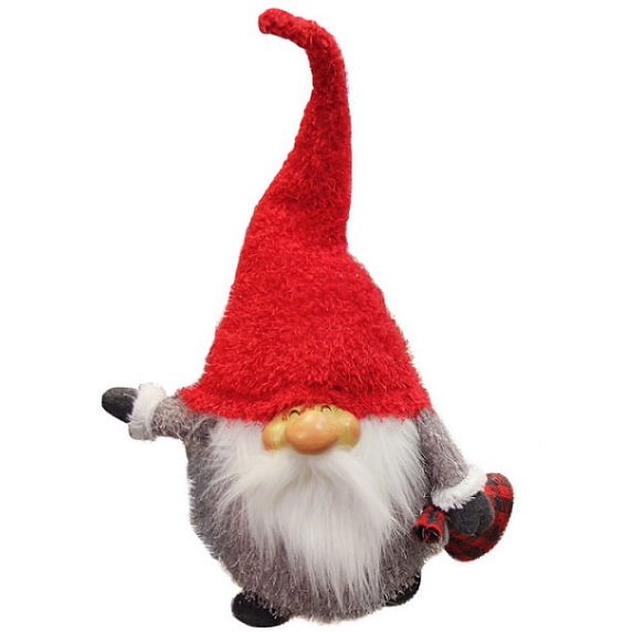 21.5" Frayed Gray and Red Portly Smiling Gnome Plush Table Top Christmas Figure