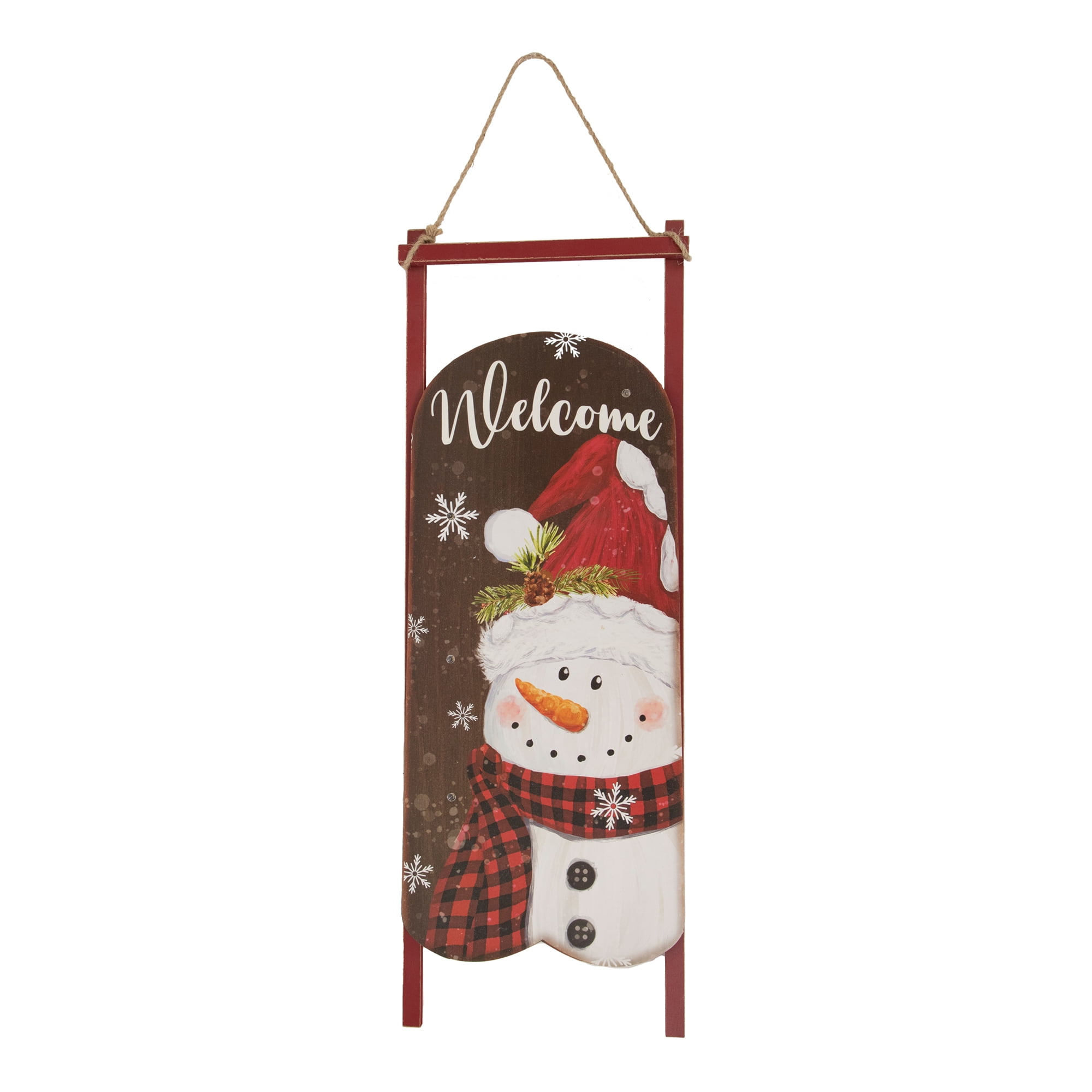 21.75" Brown and Red Wooden Snowman Sled Wall Sign