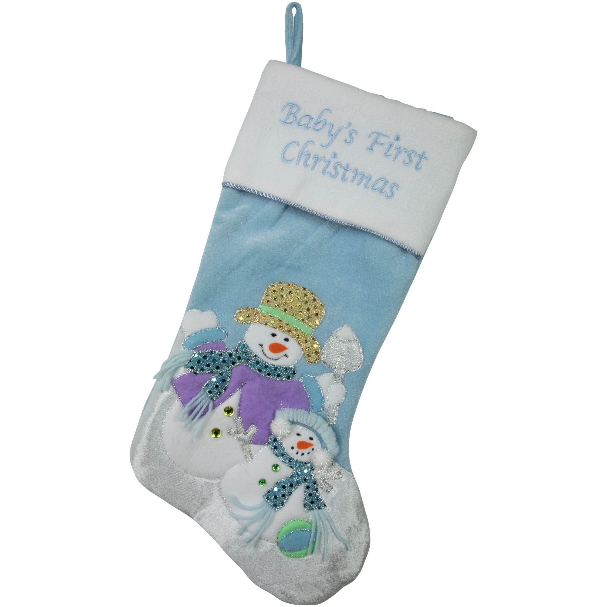 21" Blue and White Baby's First Christmas Snowman Stocking