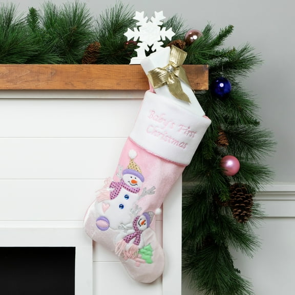 Northlight 21" Light Pink Baby's First Christmas Velveteen Snowmen Christmas Stocking