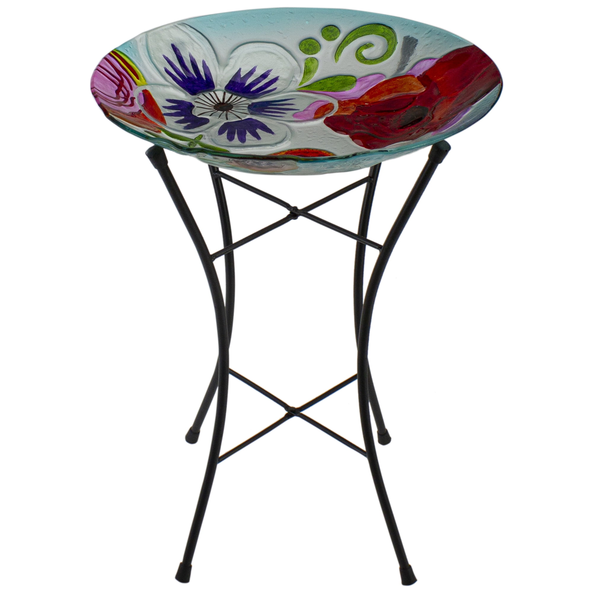 21" White and Multicolor Hand Painted Floral Glass Outdoor Birdbath with Stand